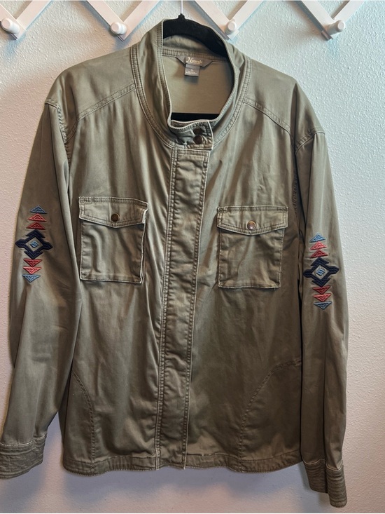 Natural Reflections Jackets & Blazers - Natural Reflections Utility Jacket Olive Green Aztec Design 98% Cotton Women 2X